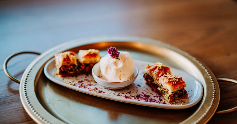 Baklava with vanilla ice cream