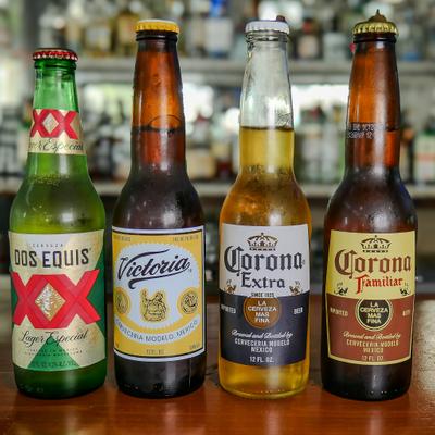 Assorted beer bottles.