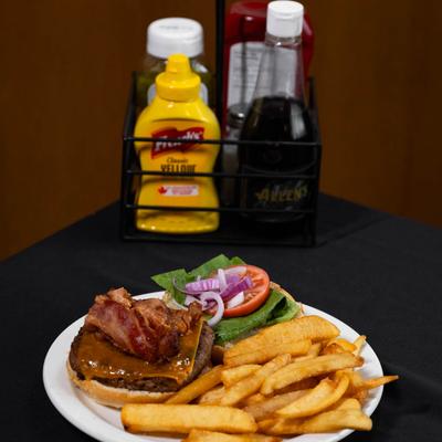 Tasty Burgers with Bacon, Lettuce and Tomatoes.