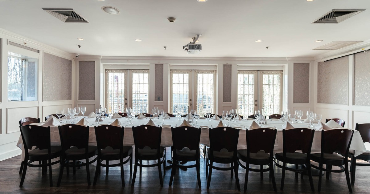 Long dining table, fully set