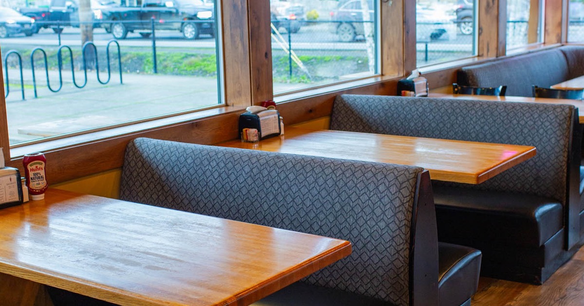 Interior, booth seating area by the windows