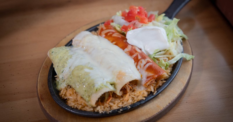 Enchiladas, in green, white, and red sauce