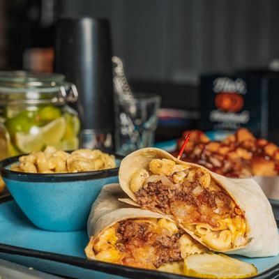 Chopped cheeseburger and mac salad wrap.