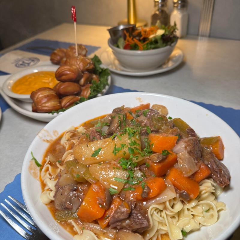 menu item 33 of 37, Beef Stew over Egg Noodles*