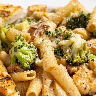 Chicken Broccoli Rigatoni Pasta, closeup.