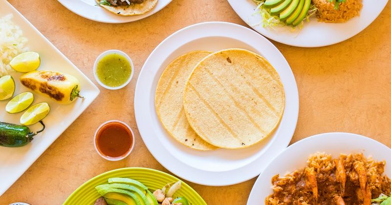 Two tortillas on a plate and different dishes around it