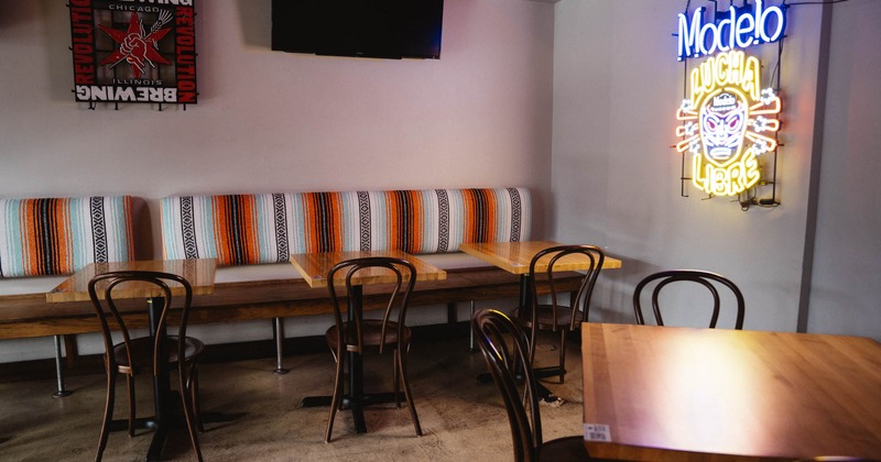 Interior, bench seating with tables and chairs