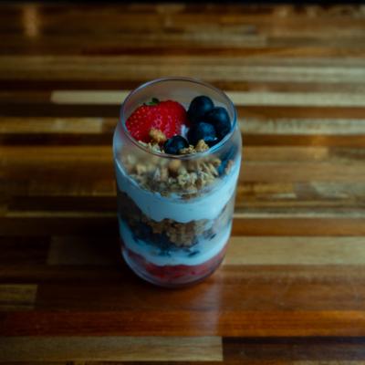 Parfait with berries and granola.
