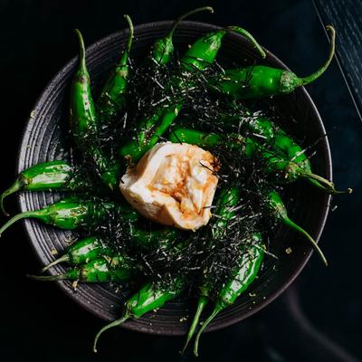 Shishito peppers, with burrata cheese.