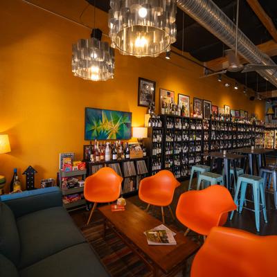 Far Away Wine and Provisions interior, seating, wine bar.