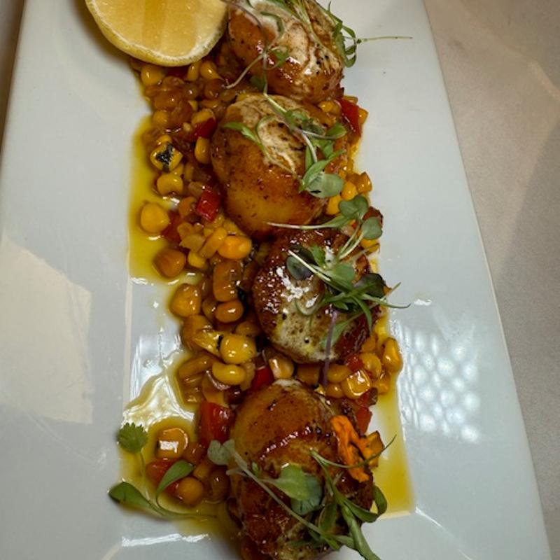 Pan-Seared Scallops On Yellow Corn Succotash photo