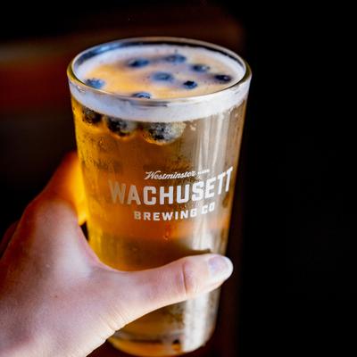 A hand holds a glass of beer filled with blueberries.