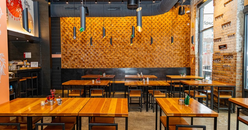 Interior, seating area with tables and chairs