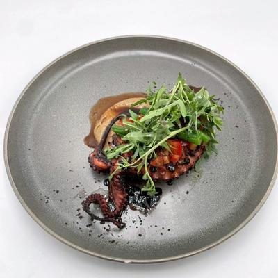 Grilled Octopus With Lentil Puree, Green Bean Salad and Tomato Salsa photo