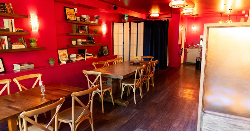 Interior, wooden tables and chairs