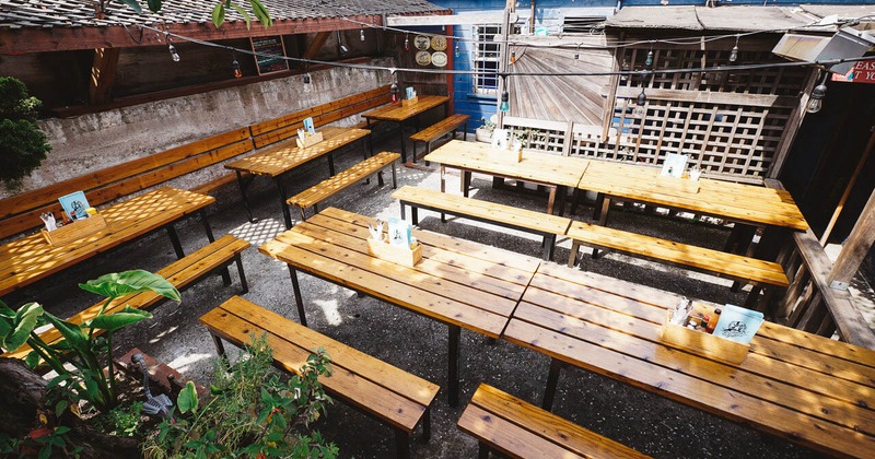 Outdoor seating area, wooden tables and benches