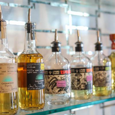 Bottles on the shelf.