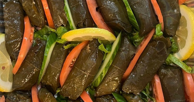 Stuffed grape leaves arranged with vegetables and lemon slices