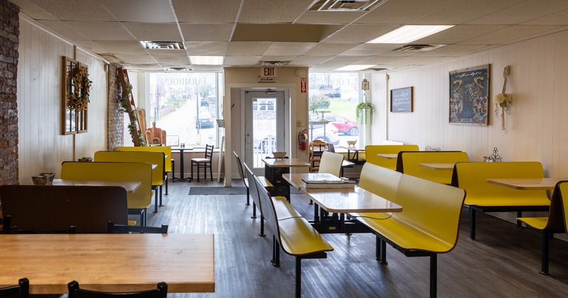 Interior, seating area with guest tables