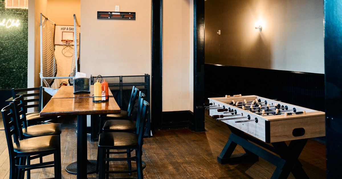 Interiror, game room,  table, chairs, football table