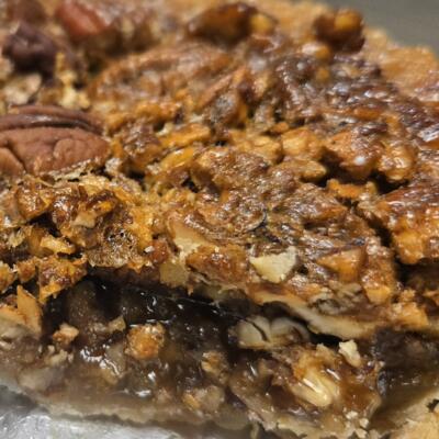 Pecan Pie slice close up.