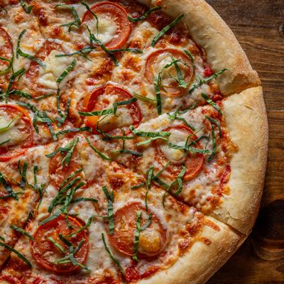 Queen Margherita pizza, top view.