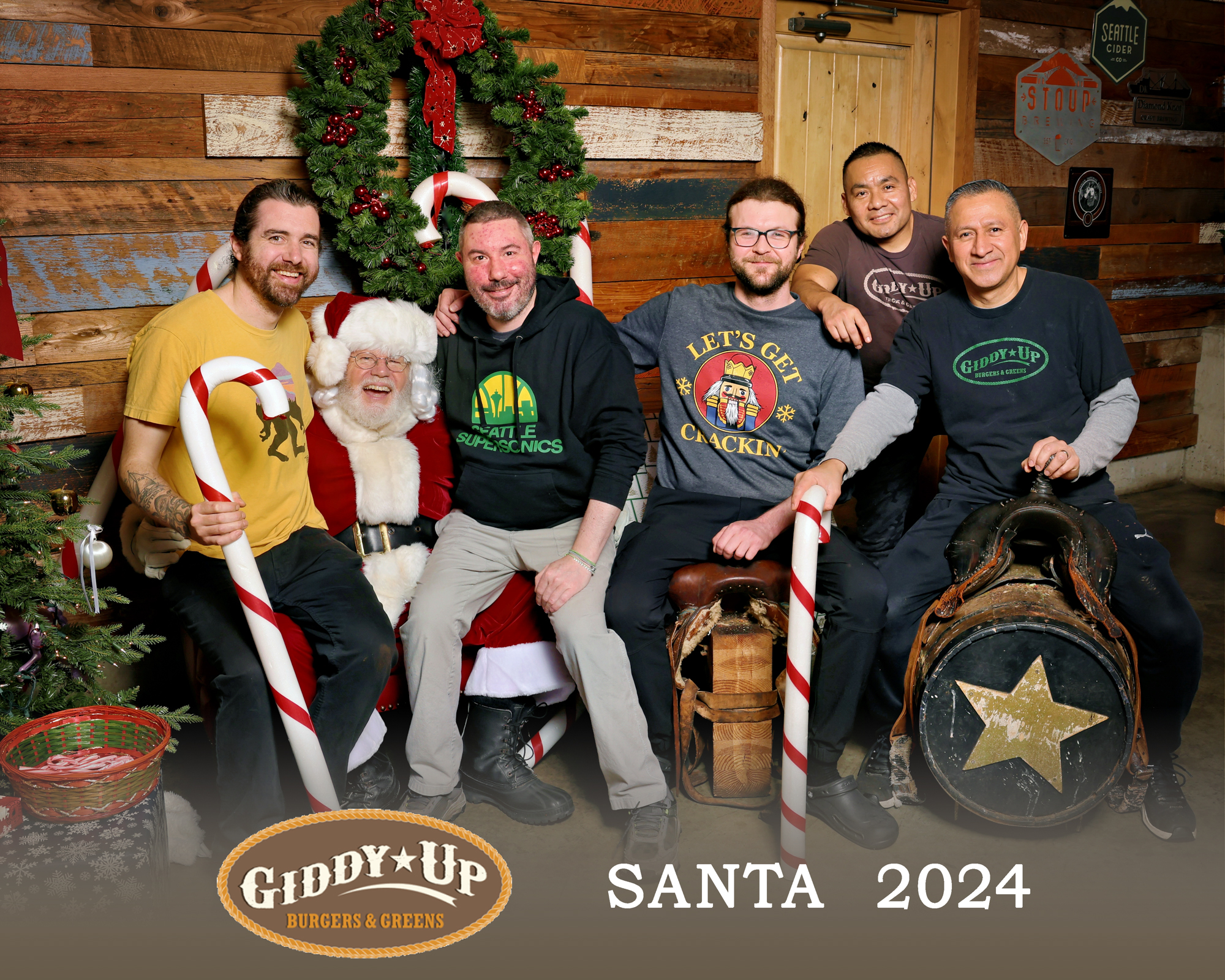 Blond woman sitting on Santa's lap