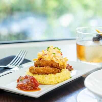 Fried Green Tomatoes served with tomato bacon jam , accompanied with Old Fashioned