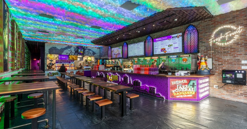 Interior, tables and chairs in seating area