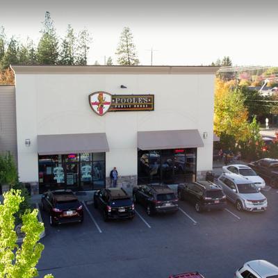 Aerial view of the restaurant and parking lot.
