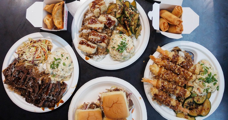 Variety of dishes served on the table, top view