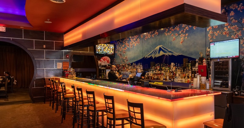 Interior, bar area, bar and bar stools