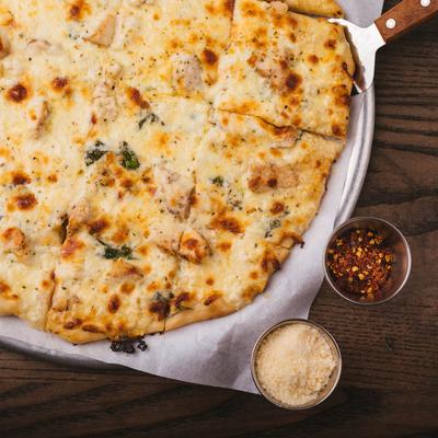Cheesy flatbread with dipping sauces.