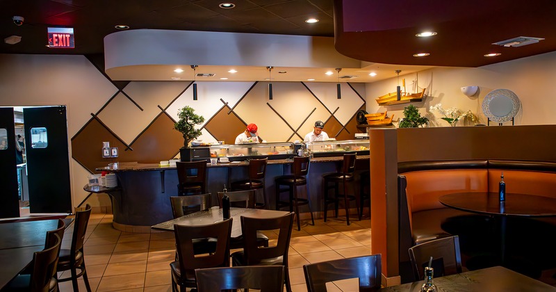 Restaurant interior, dining area and sushi bar