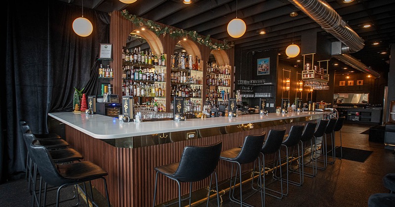 Interior, bar area with bar stools