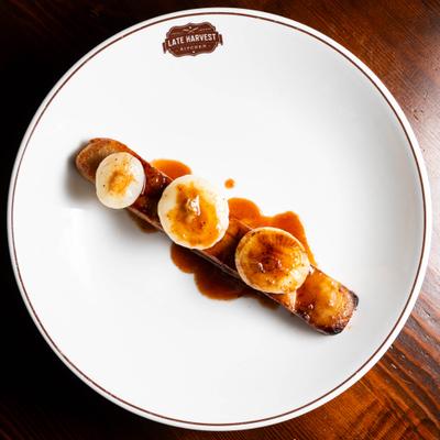 Pork belly slab, served, top view.
