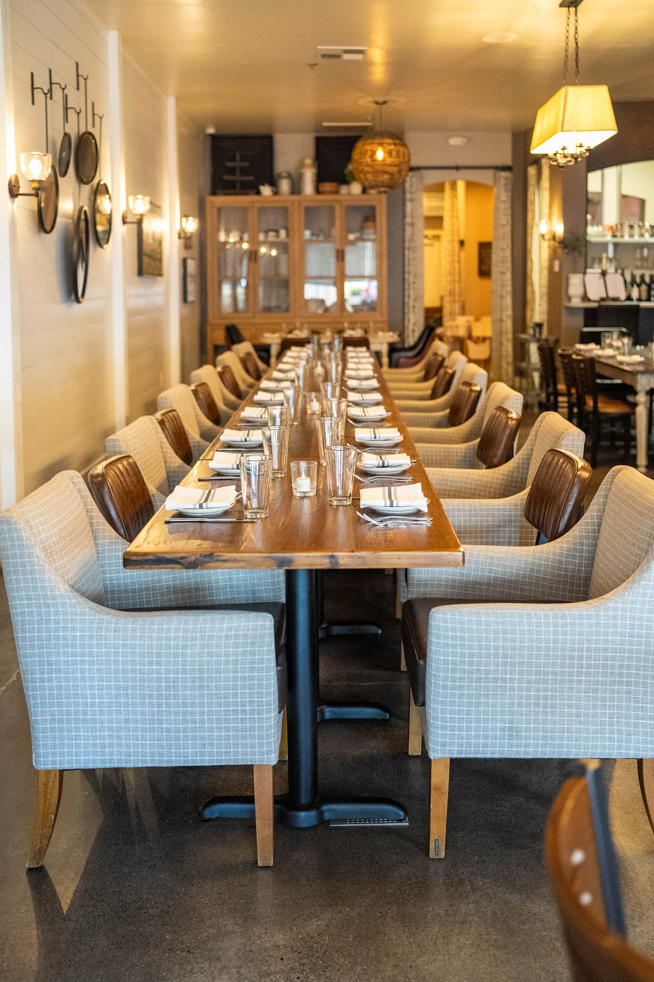 Long dining table, fully set