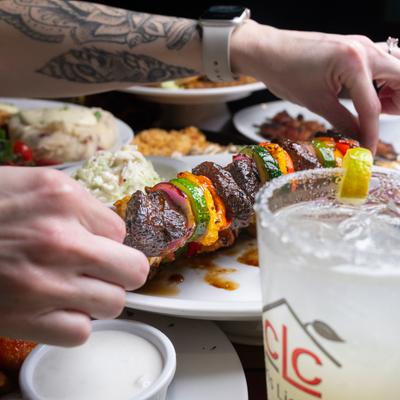 Hawaiian Skewers, with veggies, pineapple, marinated steak, and chicken.