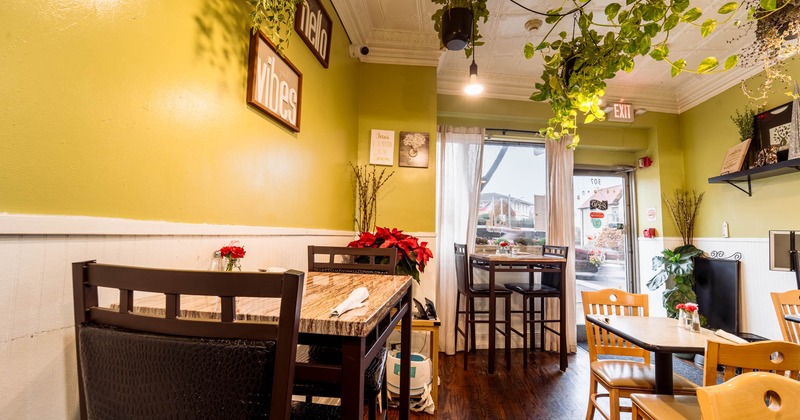 Interior, seating area, flower decorations on the ceiling