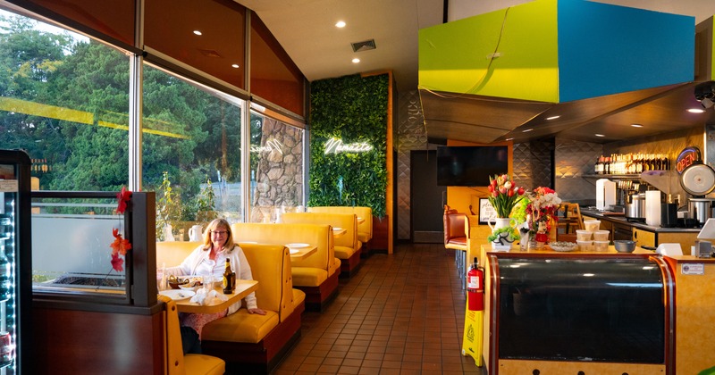 Interior, diner area, booths, tables