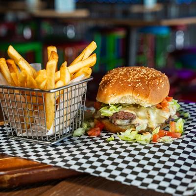 Bacon cheese burger and fries.