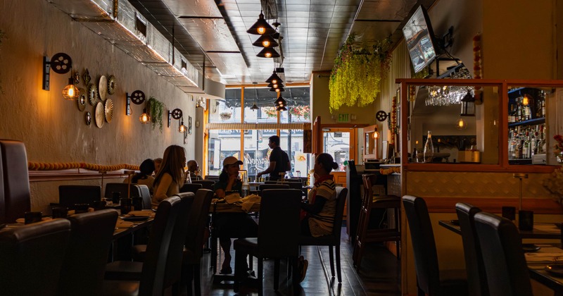Interior, diner area, wide view to street