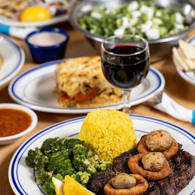 Various food and red wine.