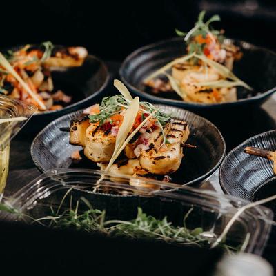 Plated seafood dishes.