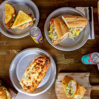Various food on table, top view