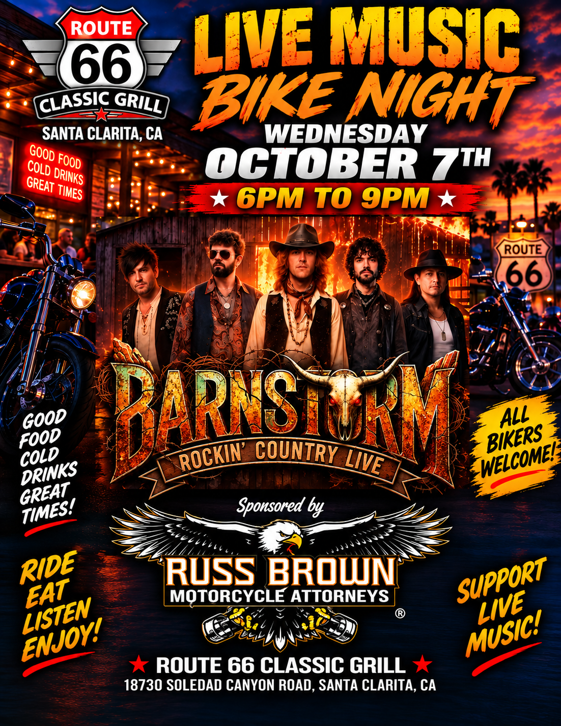 Wednesday October 7th Bike Night live music featuring Barnstorm