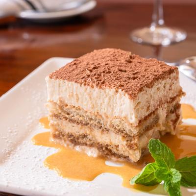 Tiramisu cake piece.
