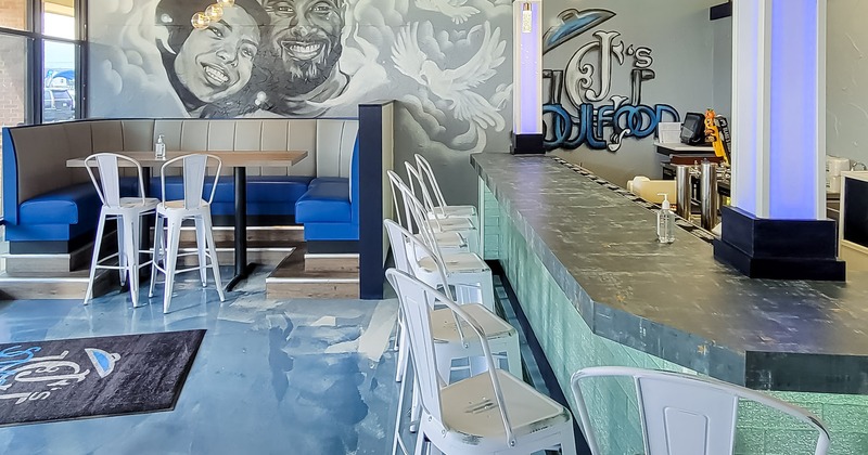 Interior, a booth and food counter with chairs