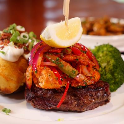 Surf and Turf, with Filet Mignon and prawns.