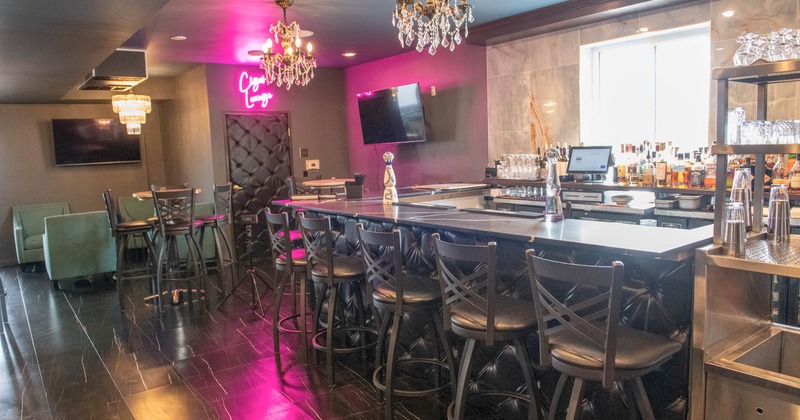Interior, diner area, bar and chairs
